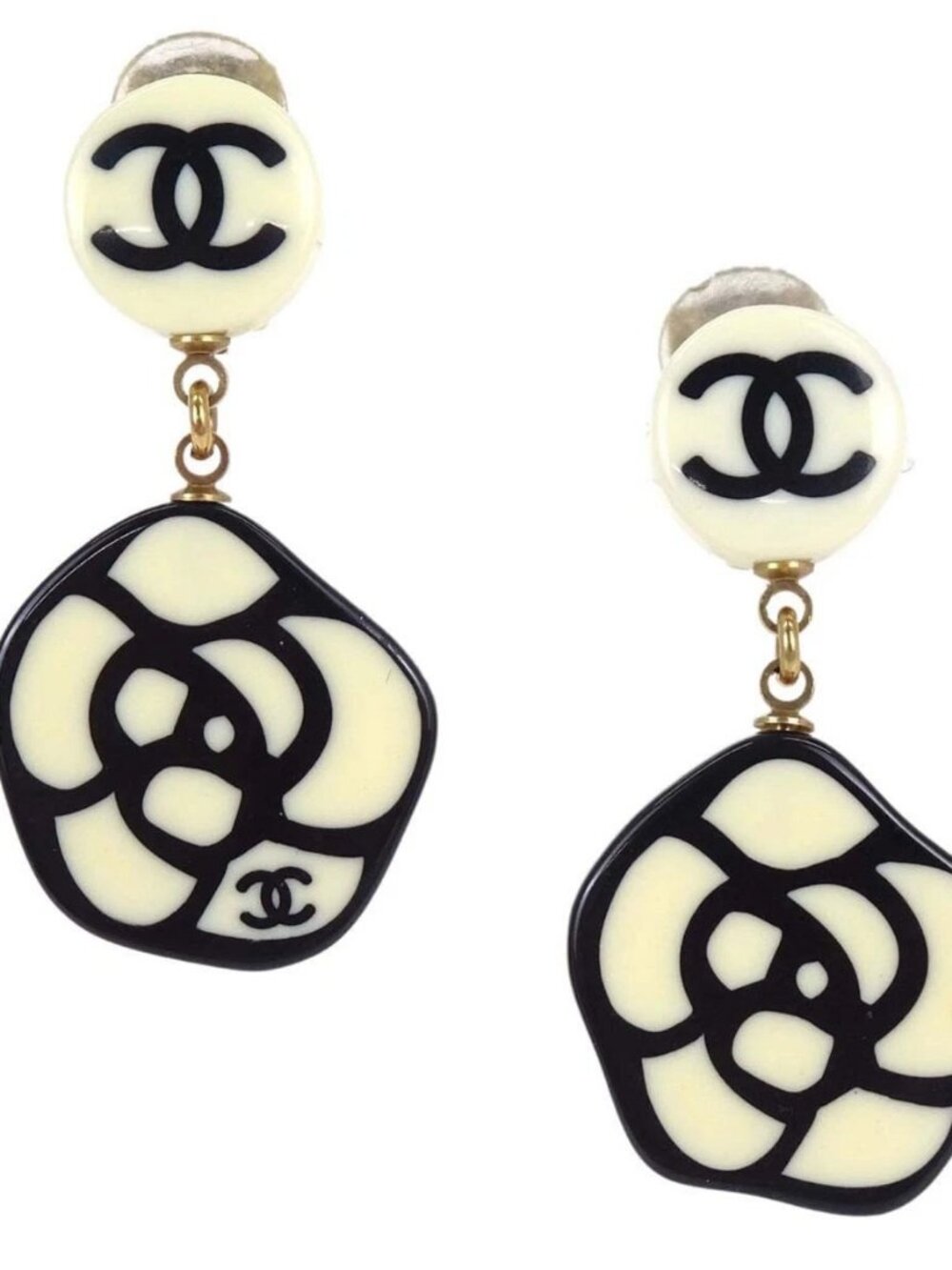 Chanel Dangle Camellia Clip-On Earrings Off-white Acrylic 03P 167758